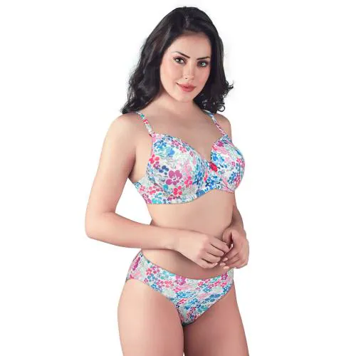 Lovable Women Cotton Blend Lightly Padded Full-Coverage Wire-Free Floral Printed Seamless Bra Panty Lingerie Set (Multicolor_Size-36B)