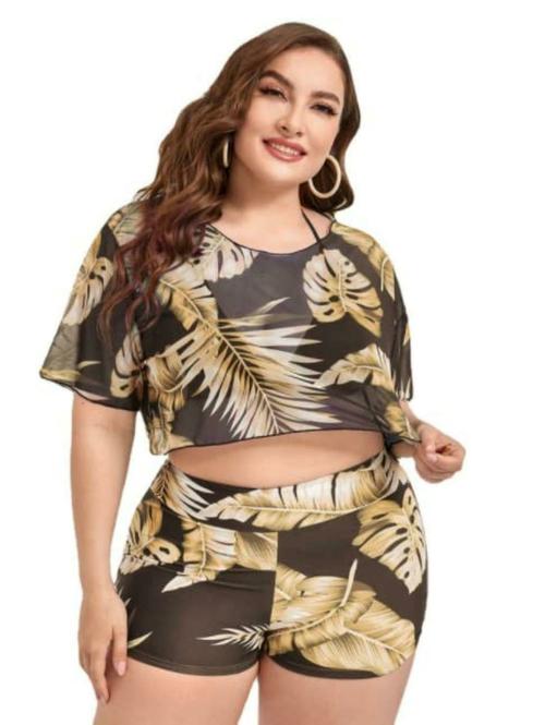 Plus Curvves Plus 3pack Brown Tropical Print Halter Triangle Bikini Swimsuit - 6XL