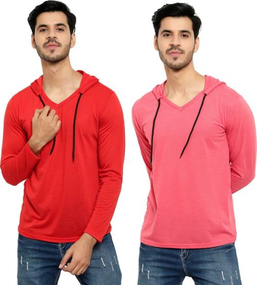 Bribzy Men Red, Carrot Solid Cotton Blend Pack of 2 T-Shirt (Medium)