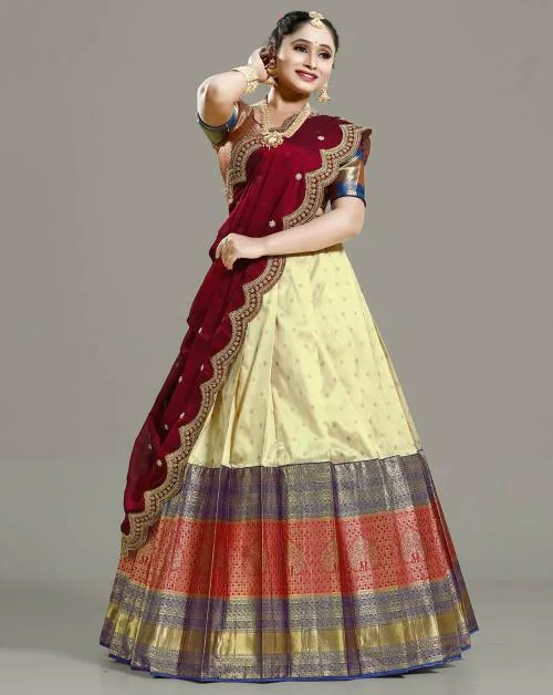 HALFSAREE STUDIO Red Banarasi silk Pattu Lehenga for Women