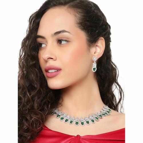 Buy Cardinal American Diamond Silver Polish Green Color Necklace Set
