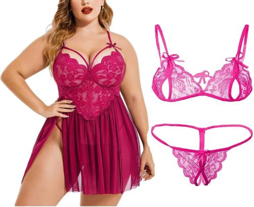 FASHION BONES Plus Size Combo Lingerie Lace Babydoll Womens Strap Chemise Nightgown V Neck Nighty Mesh Sleepwear Side Slit Nightdress (Pink) (3XL)
