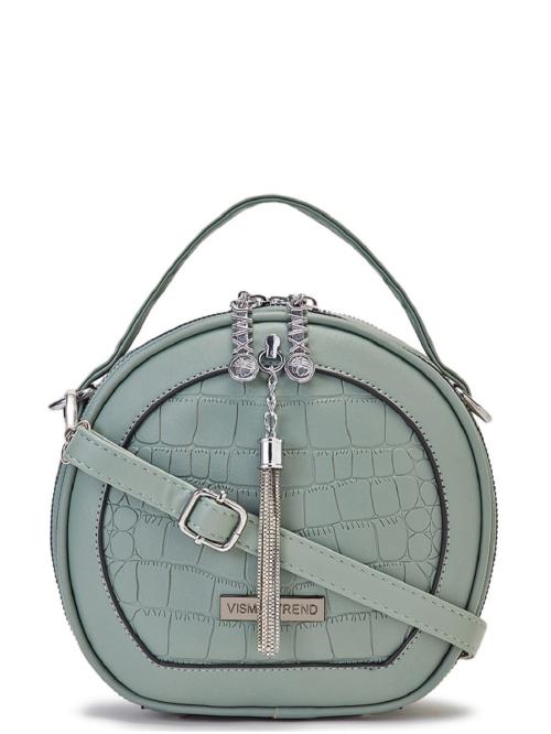 Vismiintrend Stylish Vegan Leather Round Sling Handbag | Tassel | Removable Belt | Sling bag | Crossbody | Satchel |Trendy | Diwali Gift | Bag | Ladies Purse | Green