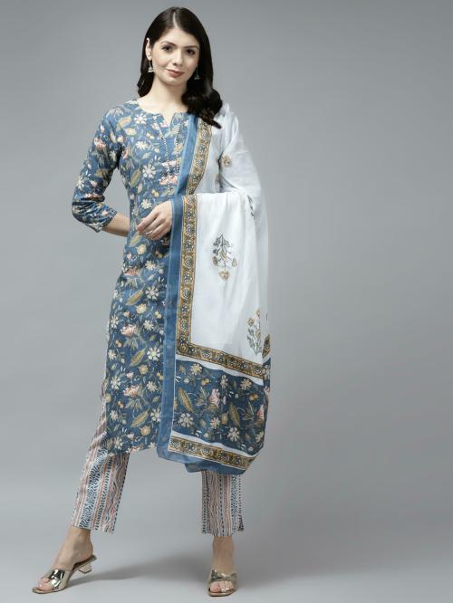 Yufta Women Blue ethnic motifs Bijia Lace on Yoke Cotton Kurta with Trouser & Dupatta