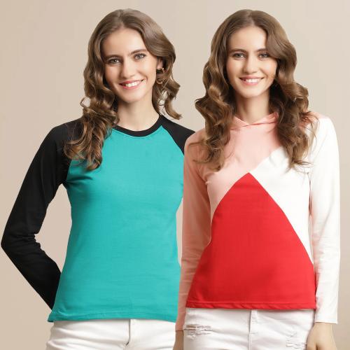 Buy Fabflee Women Full Sleeve Pure Cotton Pack of 2 Round Neck Tshirt l women tshirt l tshirt