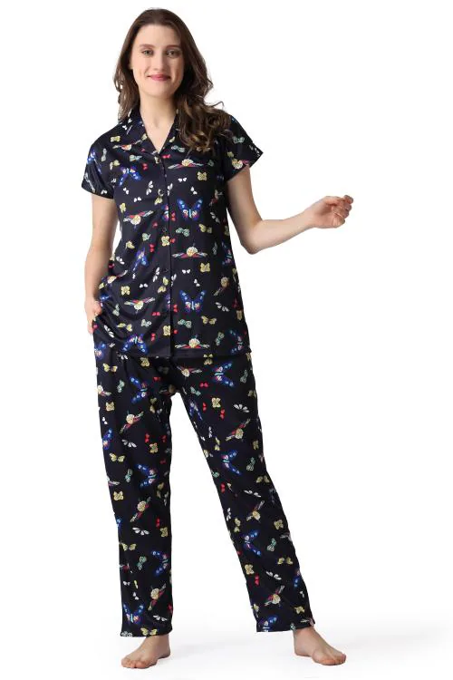 Kawam women Printed Lycra Night Suit Set | Printed Night suit Set for Women | Free Size Lycra Night Shirt and Pajama Set | Blue Night Suit