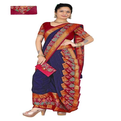 TREFLIN Women's Cotton Soft Silk Nauvari Saree Marathi Maharastrian Full Stitched Saree With Contrast Blouse Piece (Blue)