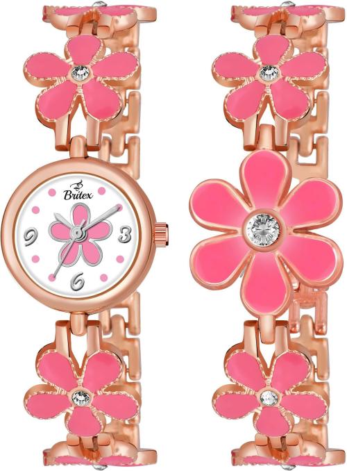 BRITEX Analog Pink, White Dial Rose Gold Strap Watch For Women (BT8079+Bracelet)
