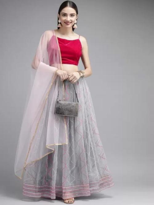 Jesvi Women Grey Self Design Net Semi Stitched Lehenga Choli - Free Size