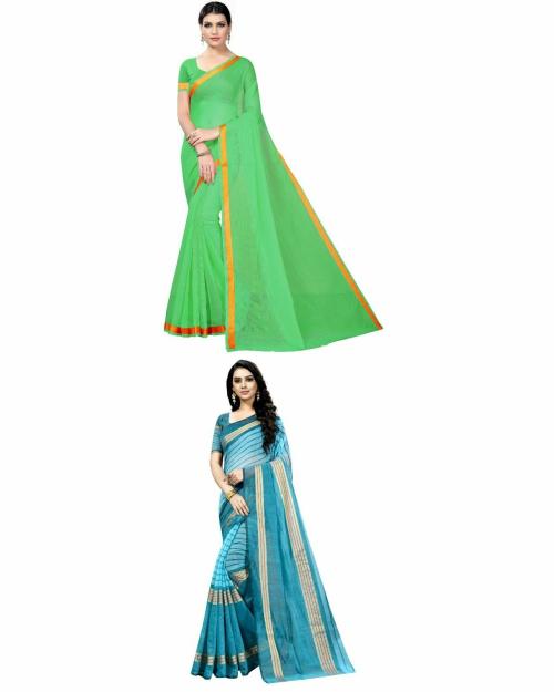 Vkaran Women's Green & Firozi Colour Cotton Silk Saree With Blouse pack of 2