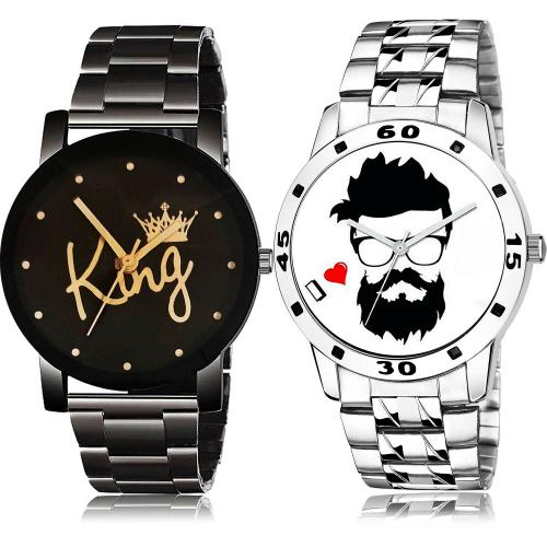 NEUTRON New Fashion King Chain And Beard Style Chain Watch Black And Silver Colour Analog Metal And Stainless Steel Belt 2 Watch Combo For Boys And Men - BCPL3-B823