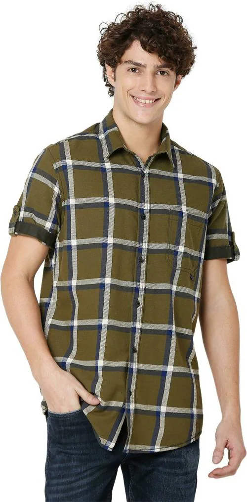 Mufti Olive & White Cotton Linen Check Slim Fit Casual Shirt