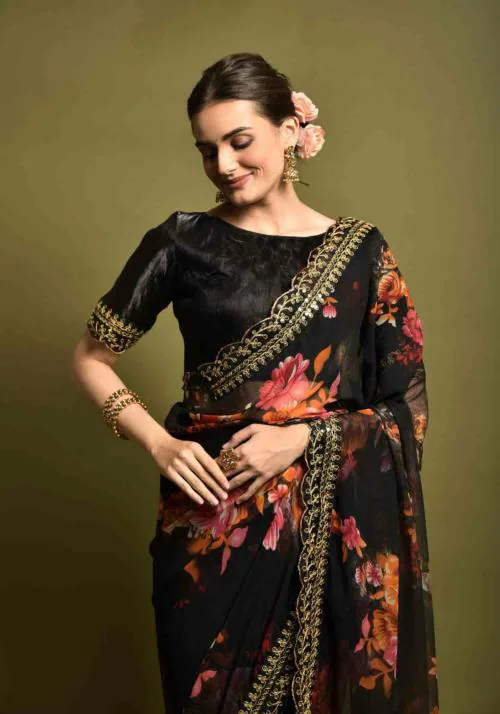 J.Kanji Printed Black Saree with Lace Border, Embellished Blouse Piece & Belt