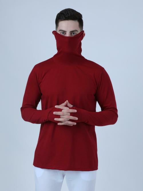 PAUSE Maroon Solid Turtle Neck Slim Fit Full Sleeve Men's Mask T-Shirt