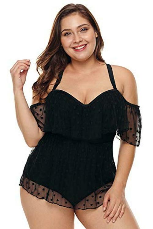 Plus Curvves Black Plus Size Off Shoulder Mesh Sheer One Piece Swimwear - 3XL