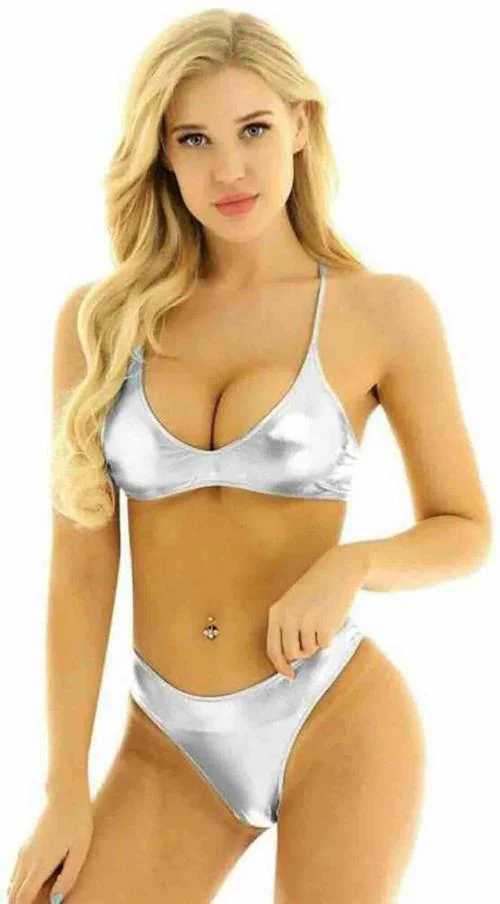 ZXS STYLE Women Silver Shiny Non Padded Crossback Bikini Bra Panty Lingerie Set