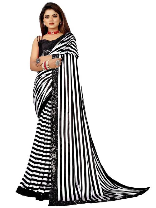 Reeta Fashion Designer Black & White Japan Satin Zebra Print with Sequence Lace Saree with Unstitched Blouse