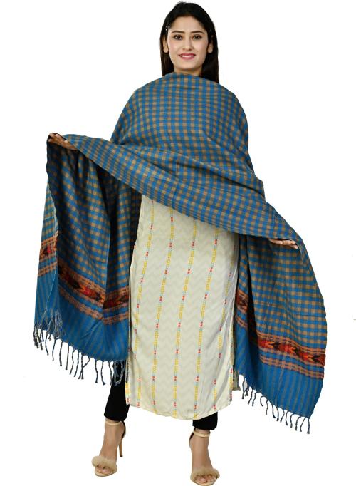 FusFus Women Blue and Beige Checkered Wool Shawl - Free Size