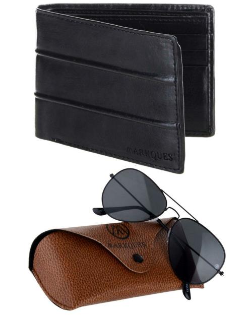 MarkQues Berlin Leather Wallet and Black Aviator Sunglasses Gift Set Combo for Men (BER-4401 CL-0101)