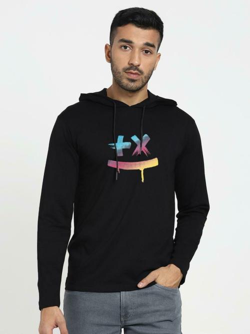 Bewakoof Men's Black Martin Garrix Colorful Full Sleeve Hooded Neck Oversized T-shirt