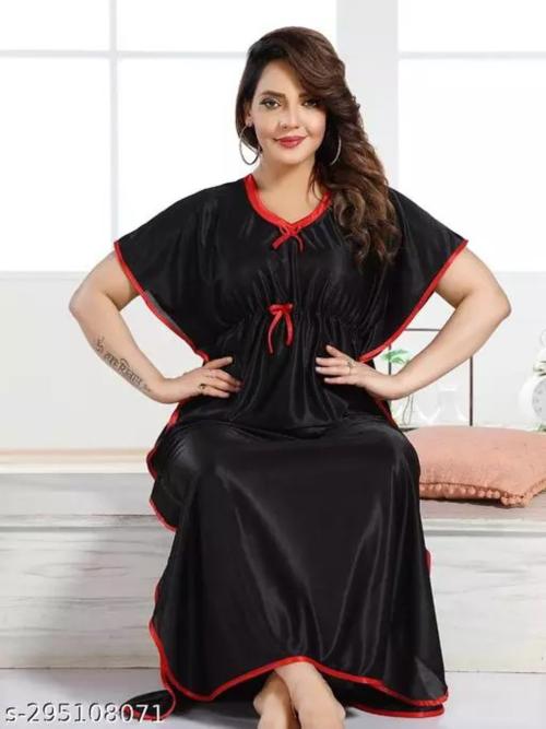 JANIYA FASHION FANCY STEPS Satin Maxi night dress kaftan night suits Nighty for women Black-XL