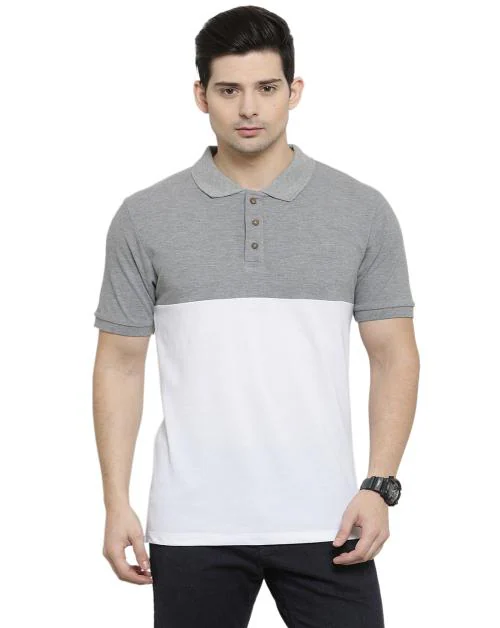 Kalt Men White Light Grey Melange Colour Block Cotton Blend T-Shirt