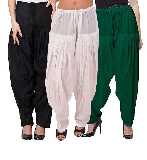 Cotoncroton Creations Combo Pack of Black, White & Dark Green Semi Patiala Salwar