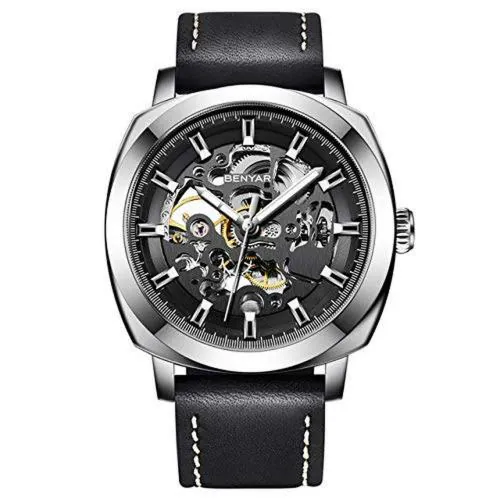 Benyar Luxury Automatic Mechanical Self Wind Skeleton Business Casual Party-Wear Black Genuine Leather Water Resistant Watch