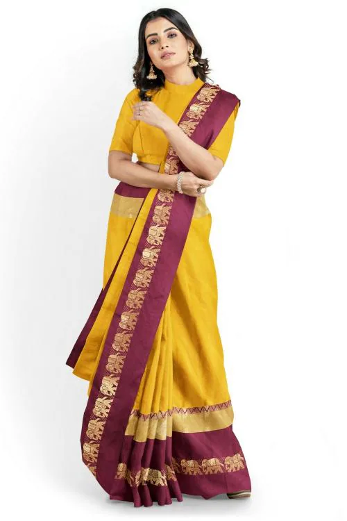 SWIFFIN Exclusive Collection Cotton Silk Banarasi Yellow-Maroon Saree For Women/Women Saree With Unstitched Blouse- HATHI-YELLOW-MAROON