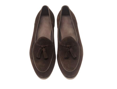 Wolven Handmade Men's Brown Real Suede Leather Slip-on Tassel Loafers with Black Sheet Sole