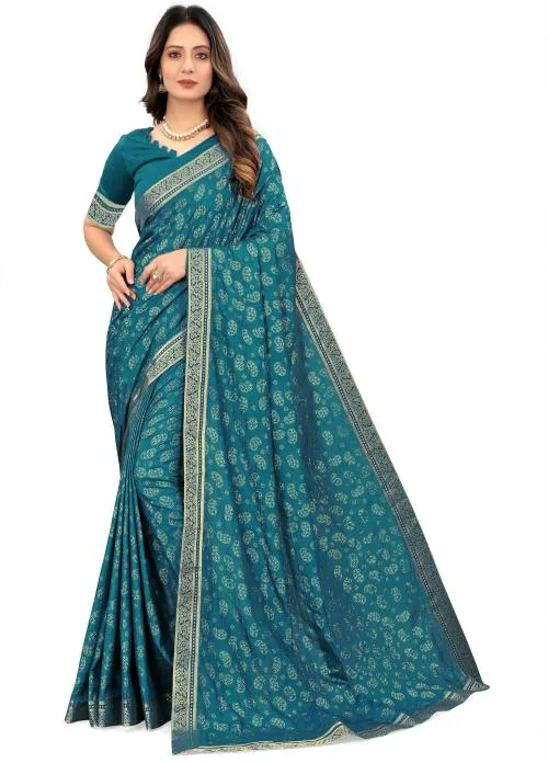 Prajval Women Petrol Blue Printed, Embellished Pure Silk and Art Silk Banarasi Saree