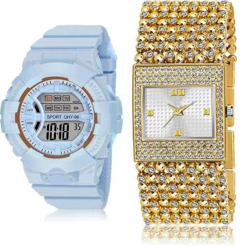 NEUTRON Classical Rich Digital Kids Watch And Chain Bracelet Diamond Blue And Gold Colour Analog-Digital Plastic And Metal Belt 2 Watch Combo For Women And Girls - DG34-GL288
