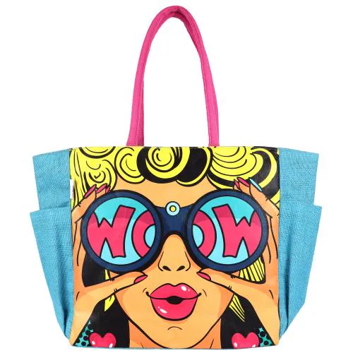 JUTIFY naturally stylish Eco-Friendly Printed Unisex Jute Shopping Bag, Women's Tote Bag , Spacious, Stylish, Sturdy Handbag , Made of Jute Material , For Daily and Office Use,pop tote jute - wow (37cm x 36cm x 19cm)