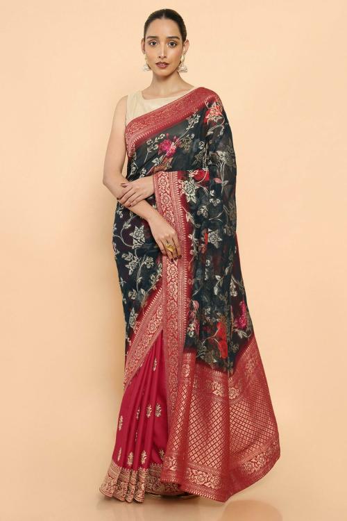 SOCH Women Black Floral Single Saree (Free Size)