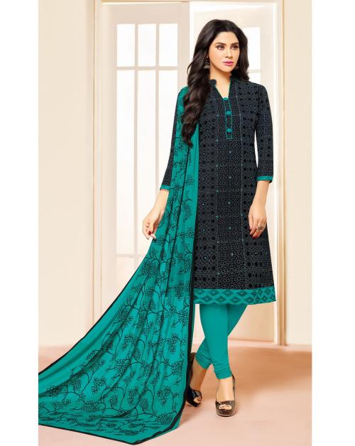 Black & Rama Green Cotton Embroidered & Mirror Work Salwar Suit For Women