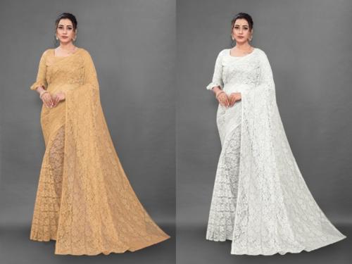 Fashion Field Women Beige and White Self Design Net Saree with Unstitched Blouse Piece (Pack of 2)