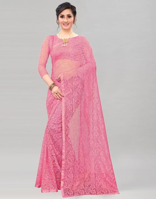 Siril Net Pink Color Net Saree with Blouse piece | sarees for Women| saree | sarees