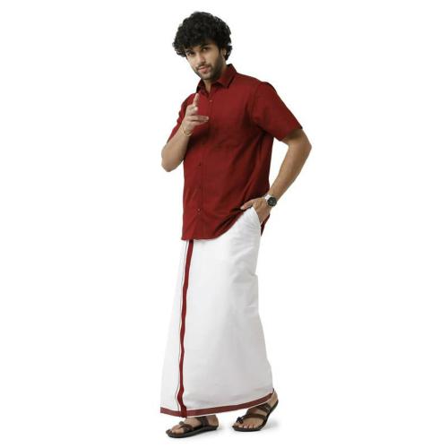 Uathayam Men Dark Maroon Solid Cotton Pocket Fancy Border Dhoti