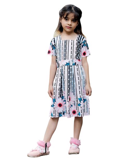 GO KIDS Gorgeous White Square Neck Half Sleeve Crepe Blend Kids Dress