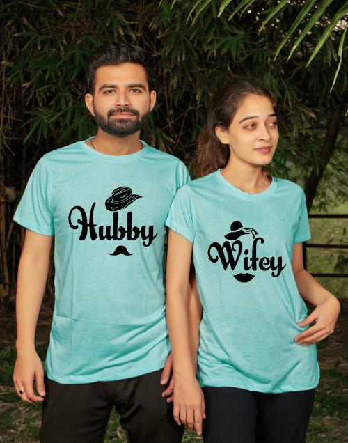 Tween Trends Printed Couple Round Neck Light Blue T-Shirt