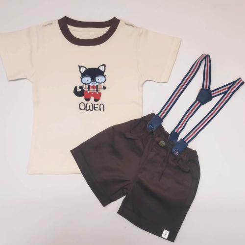 BIO KID TRENDY BEIGE TSHIRT & BROWN SHORTS WITH SUSPENDER