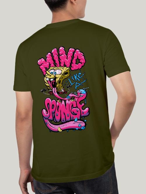 BLISSINK SpongeBob SquarePants Front And Back Printed Olive Cotton Tshirt for Men