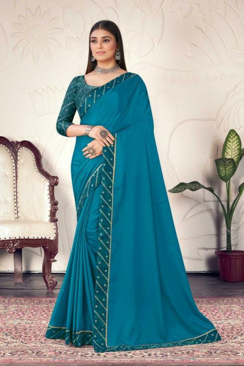 GEVARIYA FASHION HUB Women Blue Embroidered Silk Blend Saree