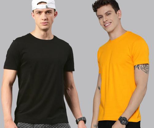 ONRY Men Black Yellow Solid Cotton Pack Of 2 T Shirt Xl