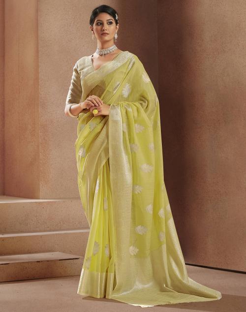 Satrani Cotton Linen Blend Yellow & Silver Color Saree with Blouse piece