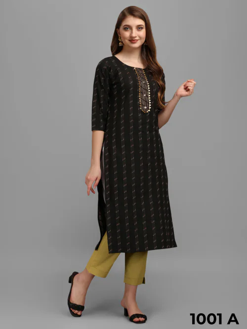 Women's Cotton Crepe, 3/4 Sleeve,Knee Length Printed Sequence Striped Kurta Kurtis