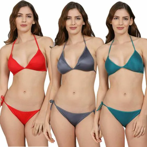 PrivateLifes Women Multicolor1 Solid Silk Bra & Panty Set For Women Pack Of 3