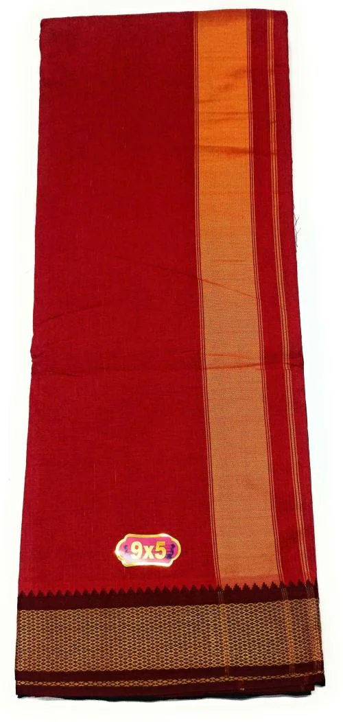 Men Red Cotton Traditional Pandits Pooja 9/5 Dhoti With Attached Angvastram Towel Inside.