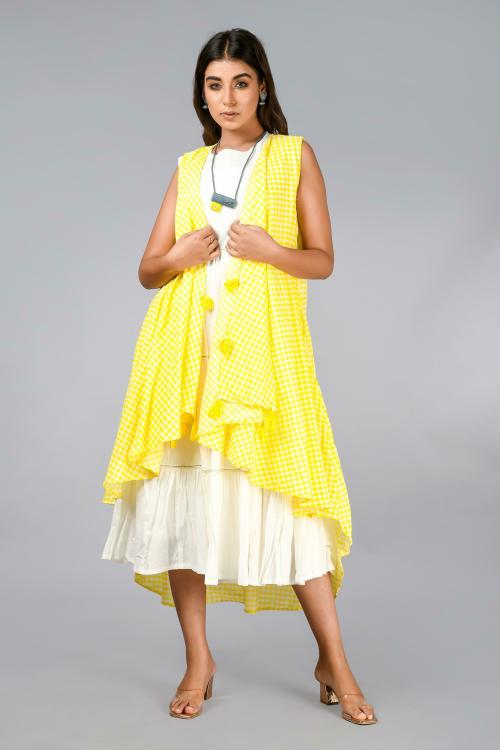 Fashion Dwar Women Yellow Checkered Pure Cotton Fit And Flare Dress (S)