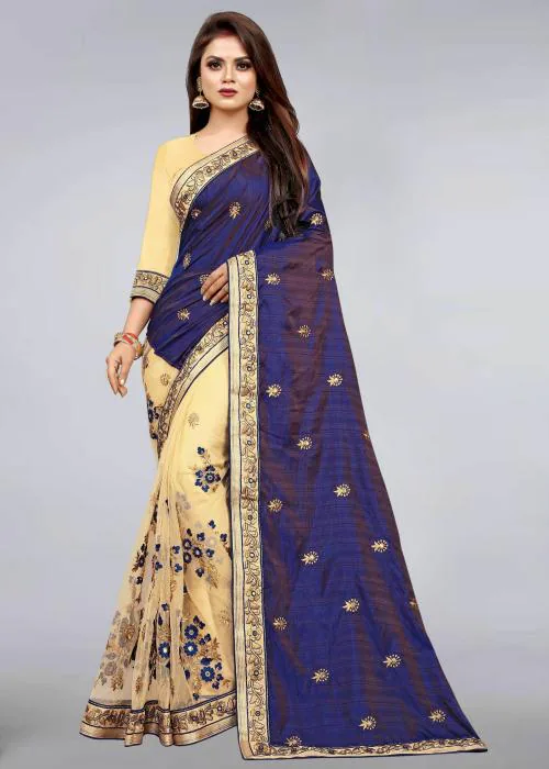 VBHP FASHION Silk Blend, Net, Mirror Saree Embroidery work Half & Half Saree-Blue